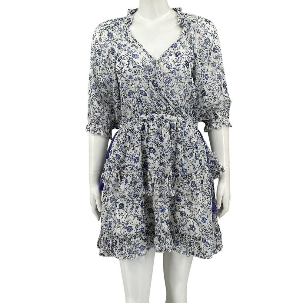 Saylor Dress Womens Medium Blue‎ Aysha Mini Metallic V-Neck Boho Fairy Ruffle